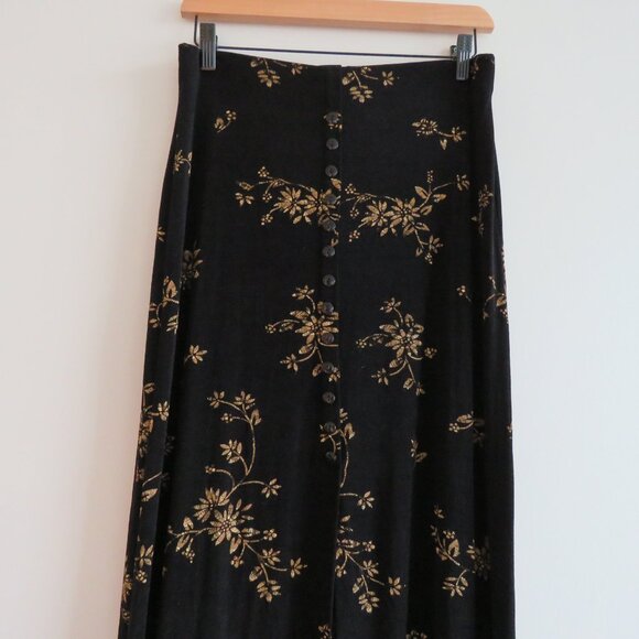 VINTAGE EZ TOWN Y2K Black Gold Floral Stretch Maxi Skirt Friends Whimsigoth Goth - Picture 2 of 13